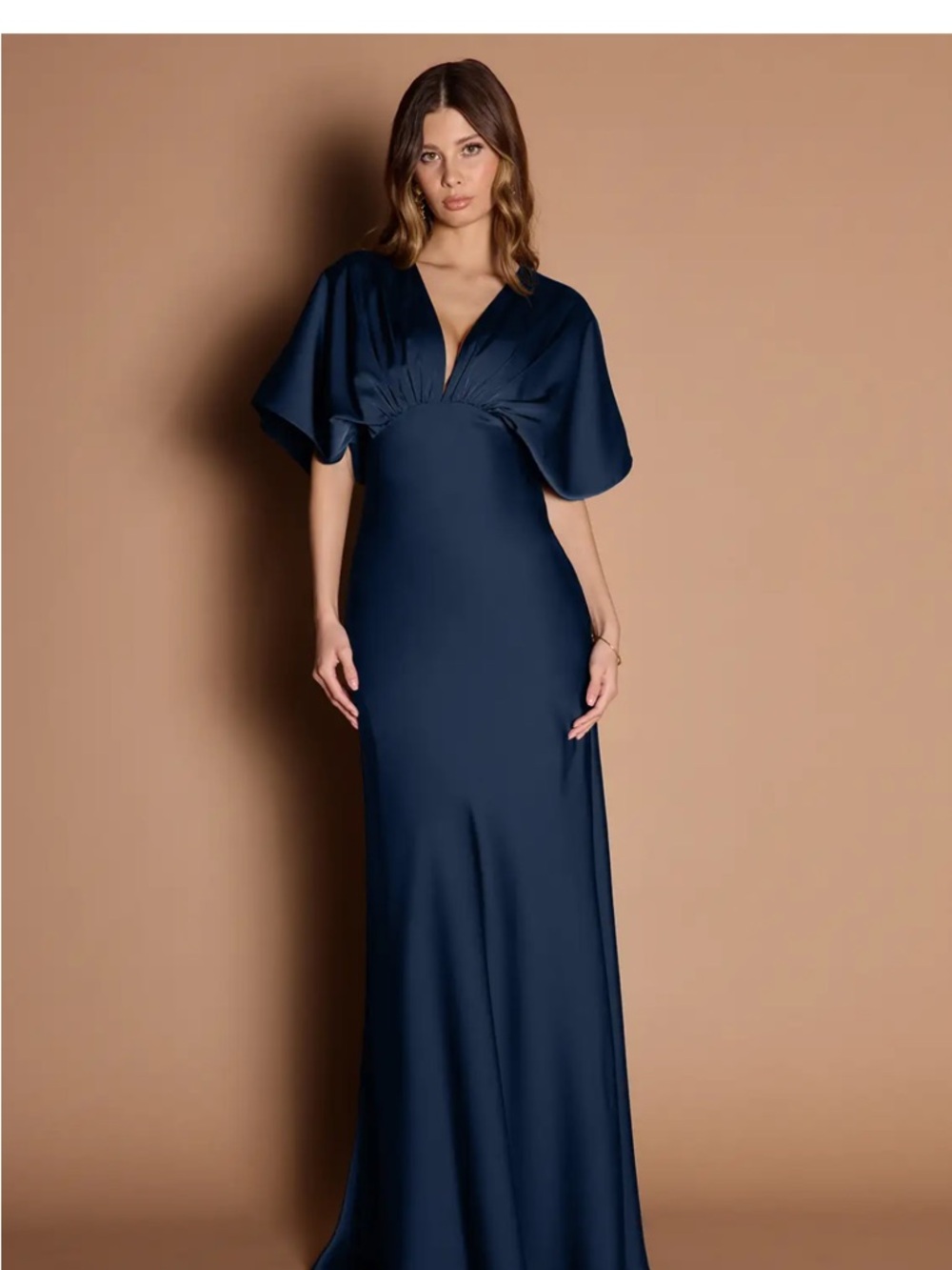 Azazie Navy Blue V-Neck Maxi Gown with Cape Sleeves